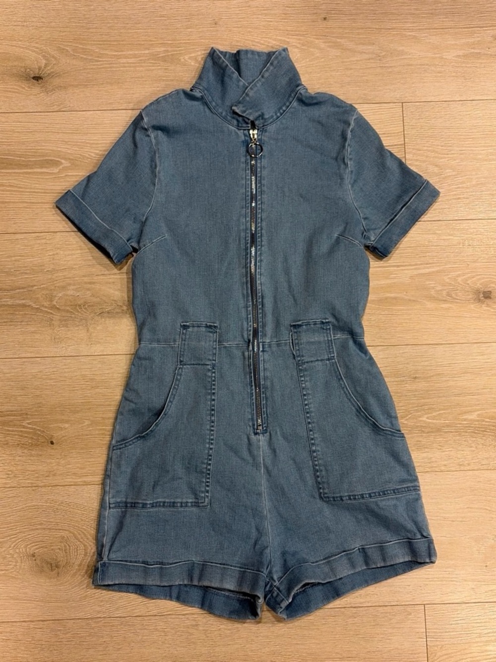 Denim Short Jumpsuit with Front Zip
